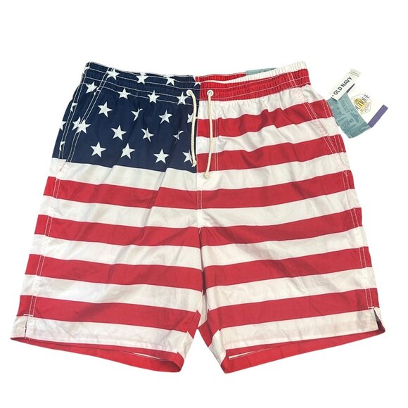 NWT Old Navy Mens L American Flag Swim Trunks UPF 50 Stars Stripes Drawstring - Picture 1 of 13